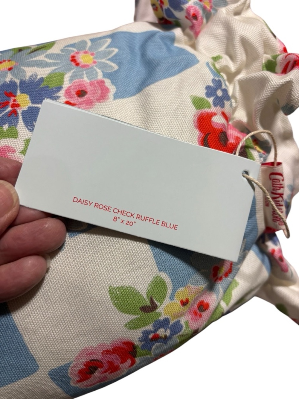 Cath Kidston NWT DAISY ROSE CHECK RUFFLE BLUE bolster pillow 8”x 20” - Picture 5 of 8